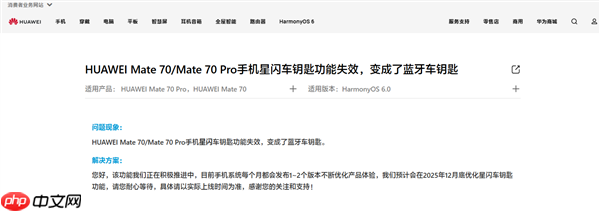 华为回应Mate 70/Pro手机星闪车钥匙功能失效：预计12月底优化